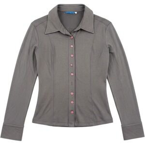 Sky Button Down Shirt Women Size L Grey Pink Buttons Jersey Knit Long Sleeve